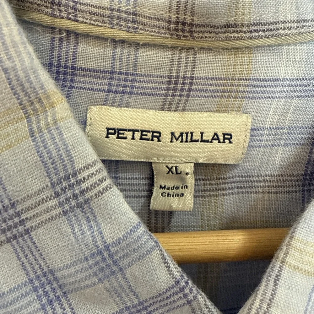 Peter Millar‎ Linen Shirt Men's XL Plaid Blue Crown Crafted Lightweight Preppy